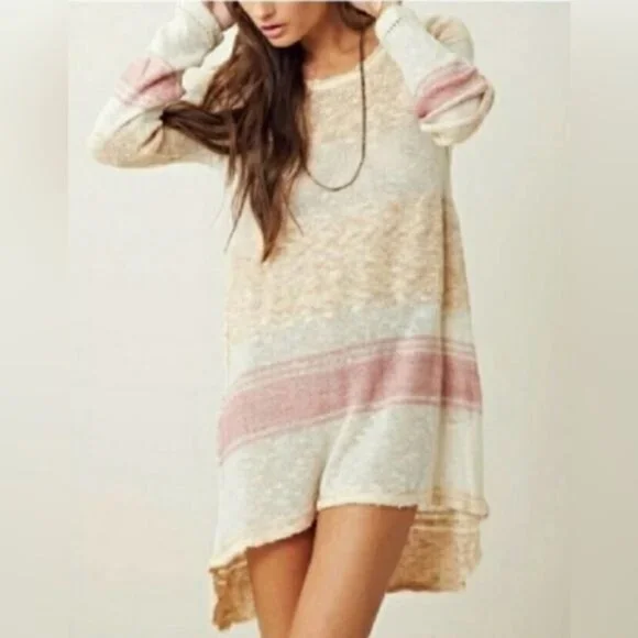 Free People Striped Distressed Knit Mini Dress | Coastal Grandmother Grunge Boho - Picture 1 of 16